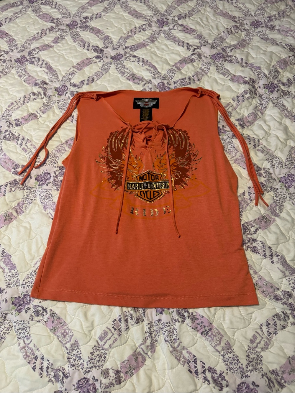 Harley-Davidson Orange Lace-Up Women’s Tank with Winged Shield Graphic